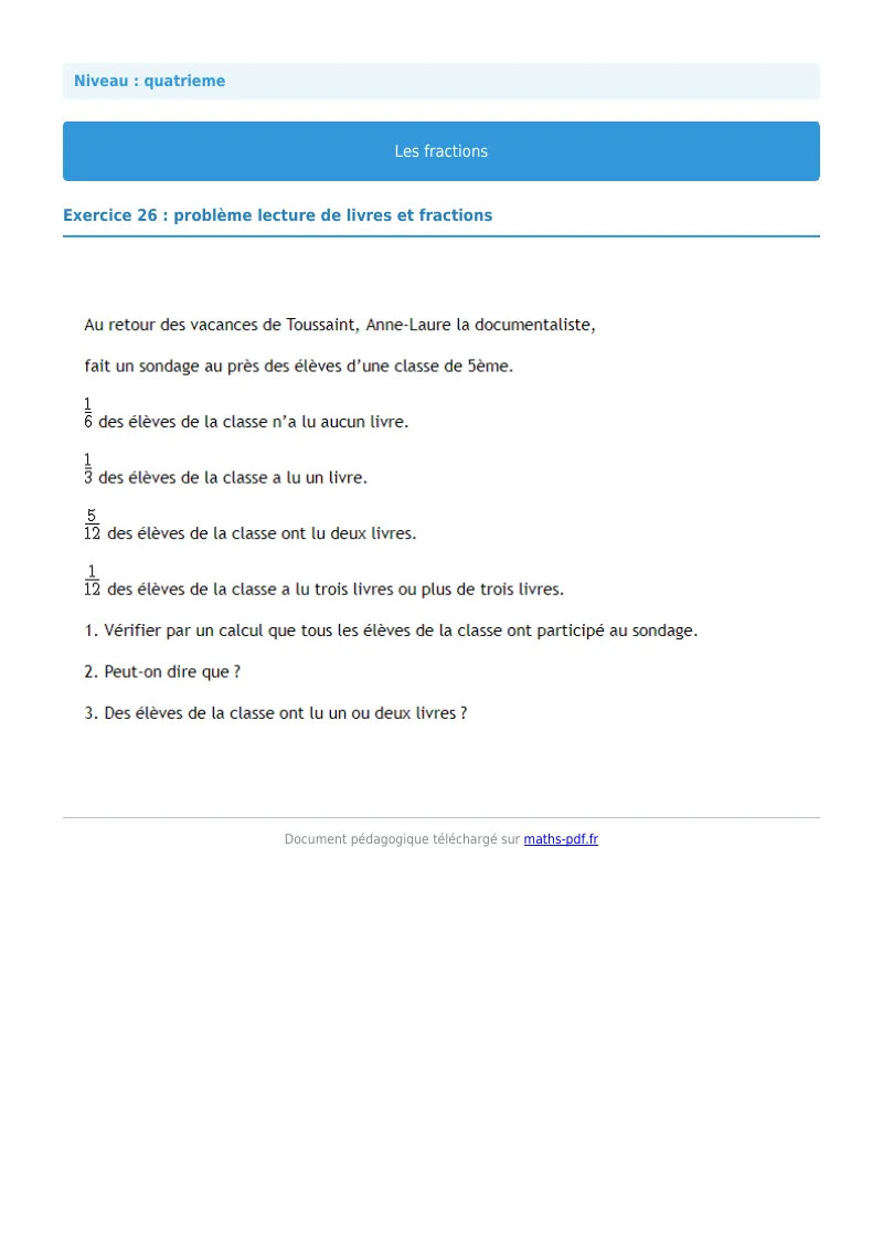 Fractions : exercice n°26 de maths en 4ème corrigé en PDF