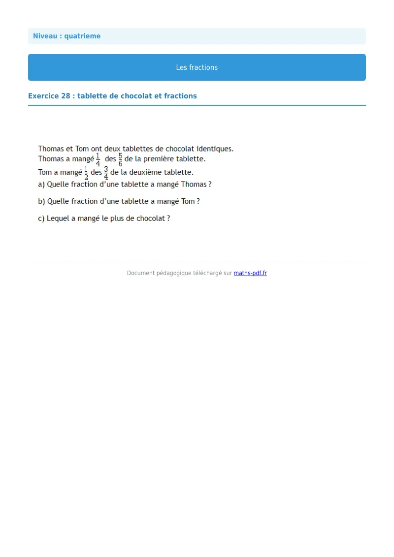 Fractions : exercice n°28 de maths en 4ème corrigé en PDF