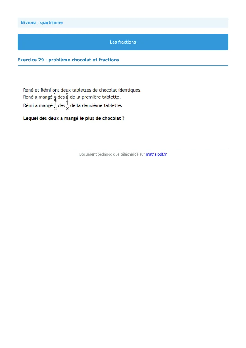 Fractions : exercice n°29 de maths en 4ème corrigé en PDF