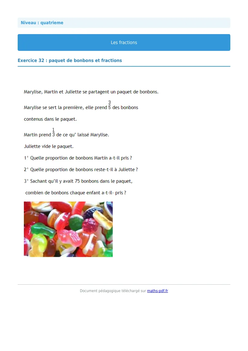 Fractions : exercice n°32 de maths en 4ème corrigé en PDF