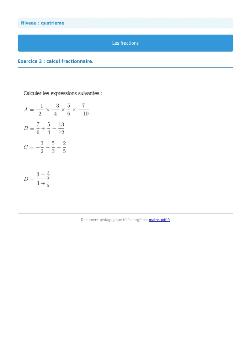 Fractions : exercice n°3 de maths en 4ème corrigé en PDF