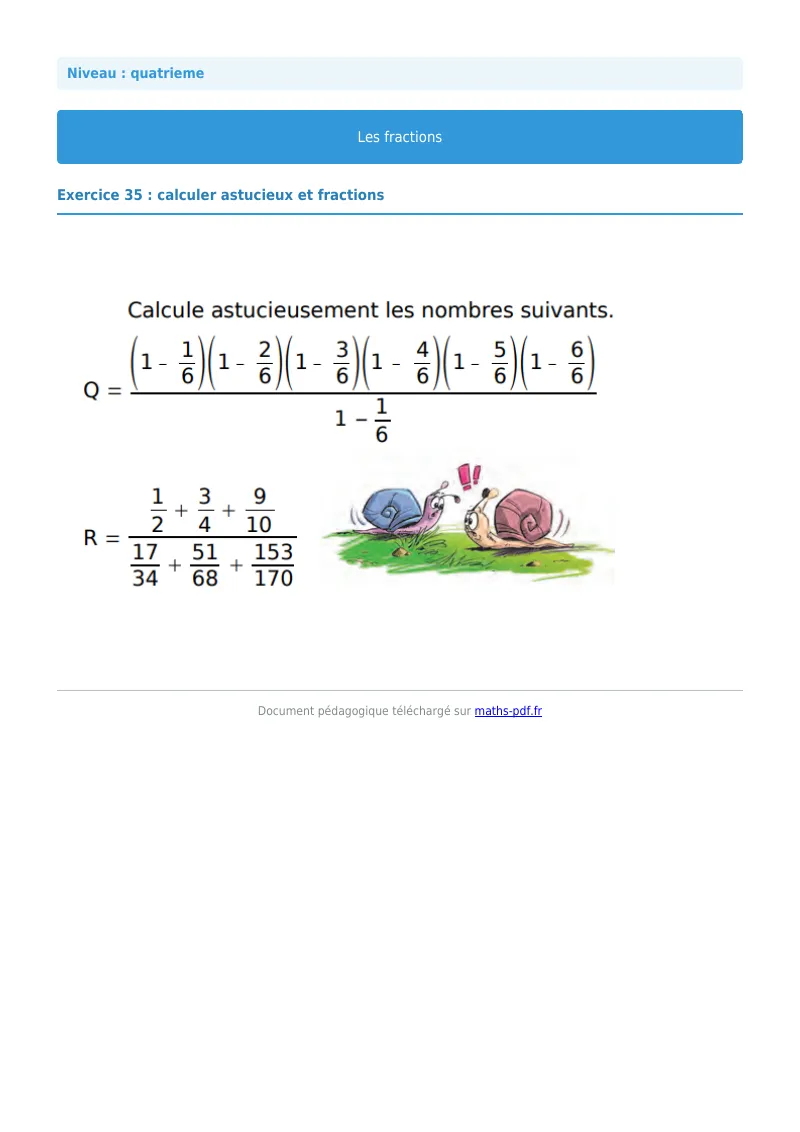 Fractions : exercice n°35 de maths en 4ème corrigé en PDF