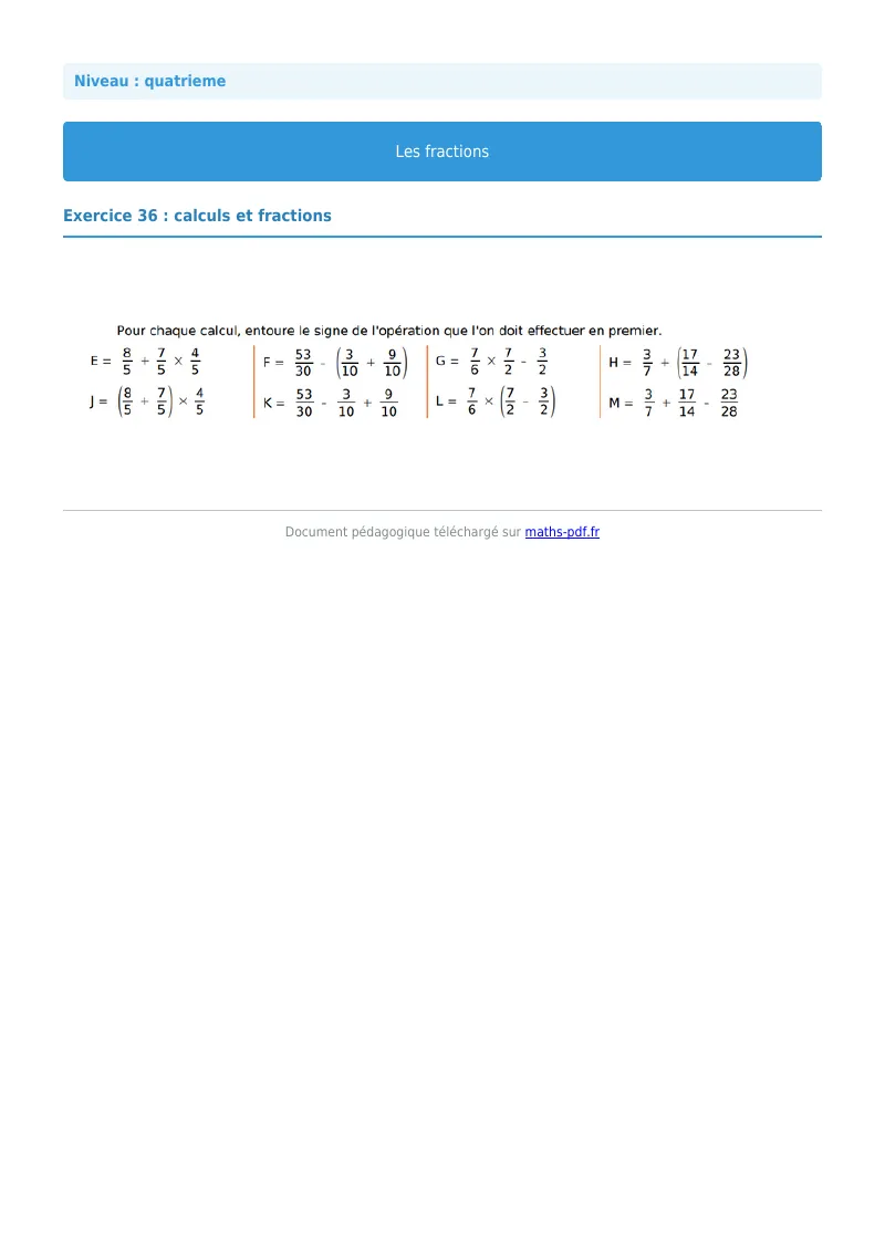 Fractions : exercice n°36 de maths en 4ème corrigé en PDF