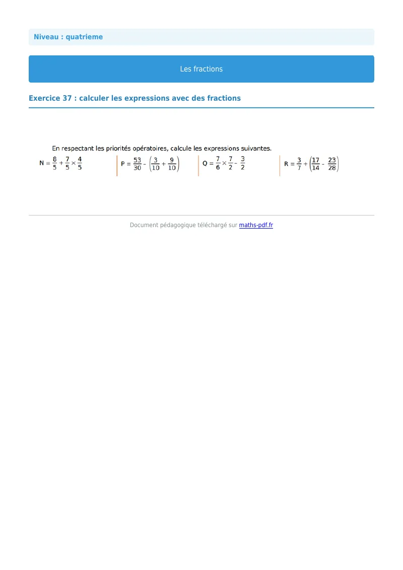 Fractions : exercice n°37 de maths en 4ème corrigé en PDF