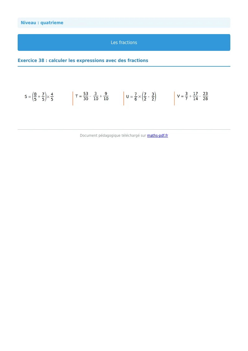 Fractions : exercice n°38 de maths en 4ème corrigé en PDF