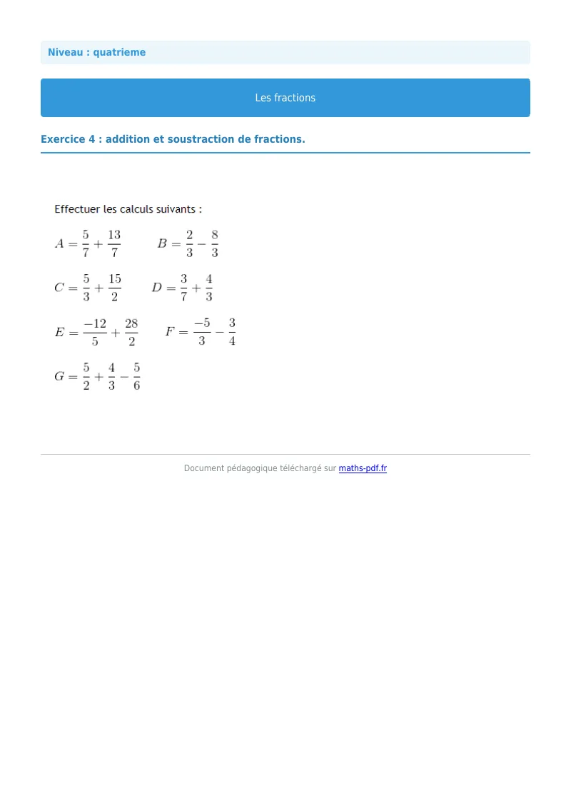 Fractions : exercice n°4 de maths en 4ème corrigé en PDF