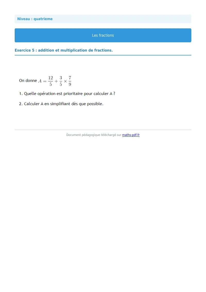 Fractions : exercice n°5 de maths en 4ème corrigé en PDF