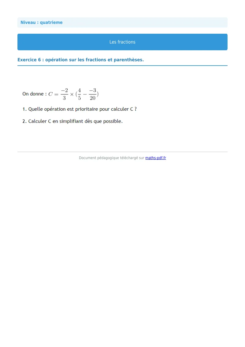 Fractions : exercice n°6 de maths en 4ème corrigé en PDF