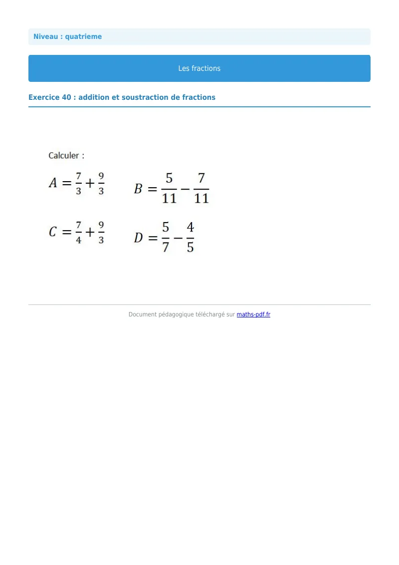 Fractions : exercice n°40 de maths en 4ème corrigé en PDF