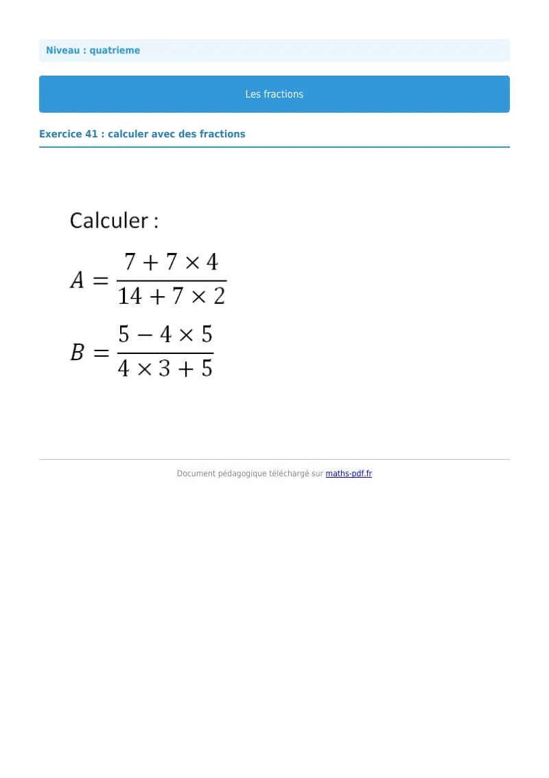 Fractions : exercice n°41 de maths en 4ème corrigé en PDF