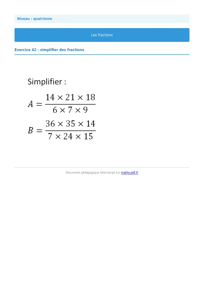 Fractions : exercice n°42 de maths en 4ème corrigé en PDF