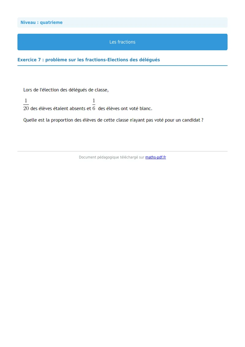 Fractions : exercice n°7 de maths en 4ème corrigé en PDF