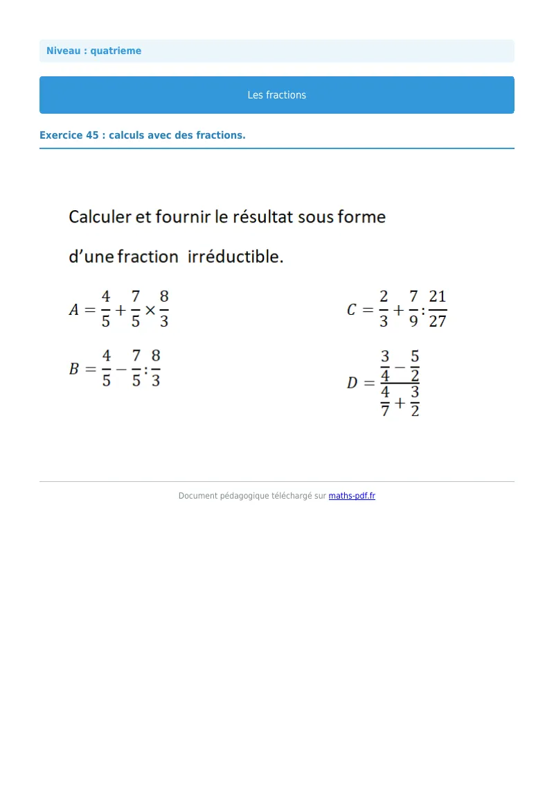 Fractions : exercice n°45 de maths en 4ème corrigé en PDF