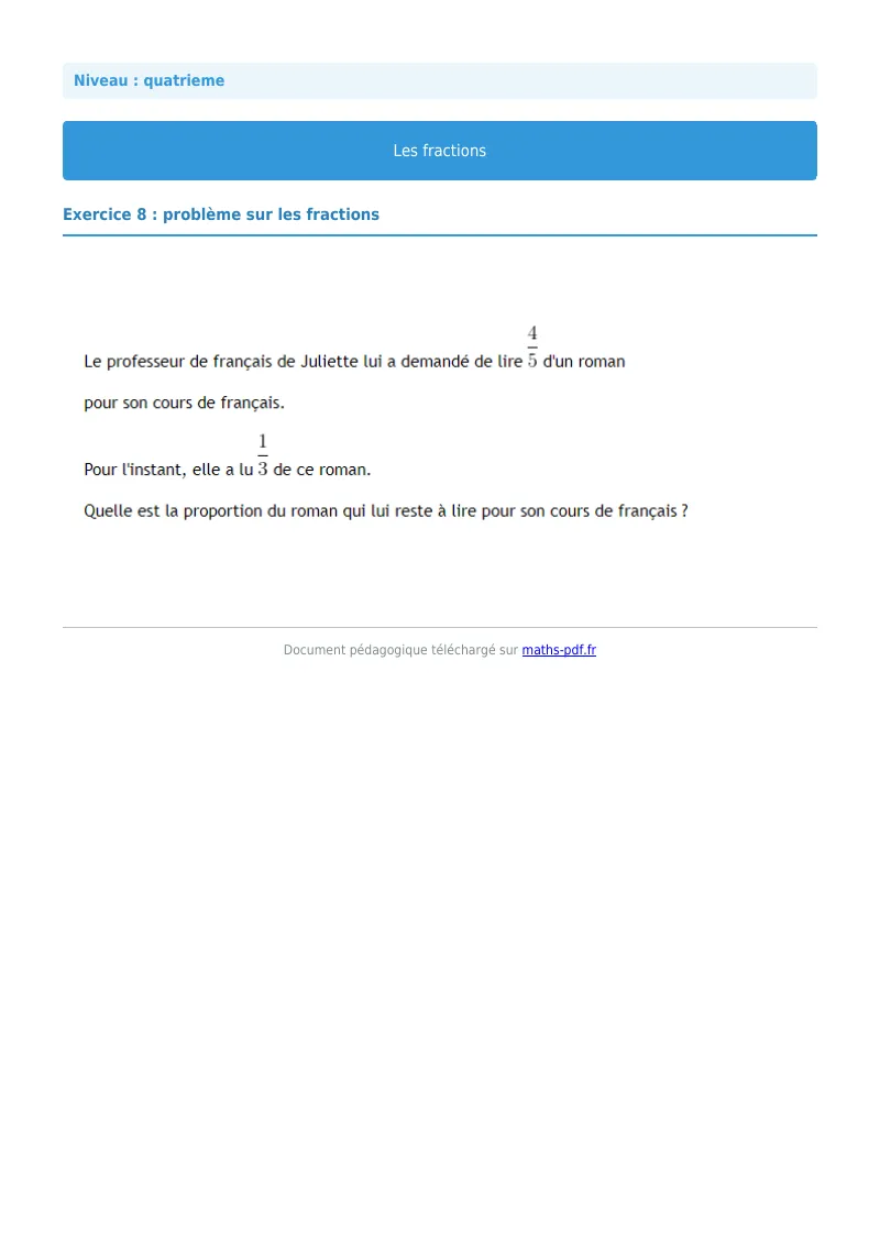 Fractions : exercice n°8 de maths en 4ème corrigé en PDF