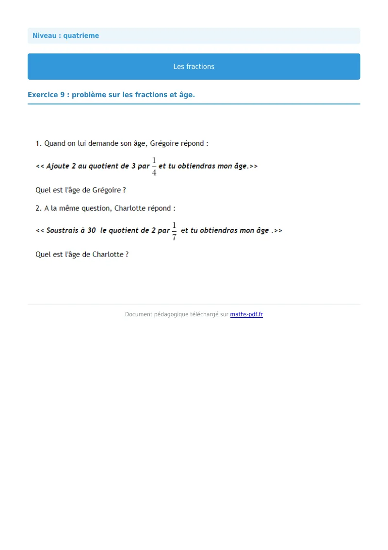 Fractions : exercice n°9 de maths en 4ème corrigé en PDF