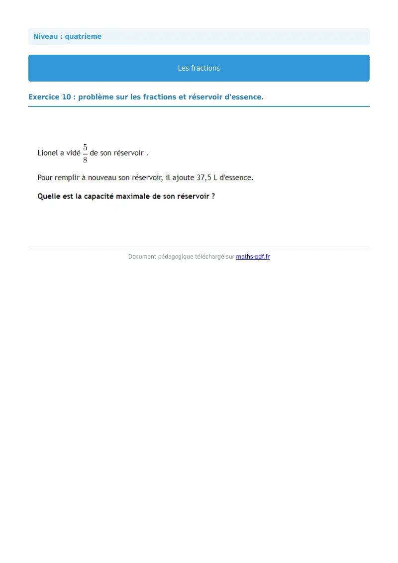 Fractions : exercice n°10 de maths en 4ème corrigé en PDF