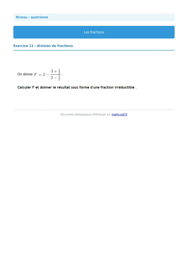 Fractions : exercice n°11 de maths en 4ème corrigé en PDF