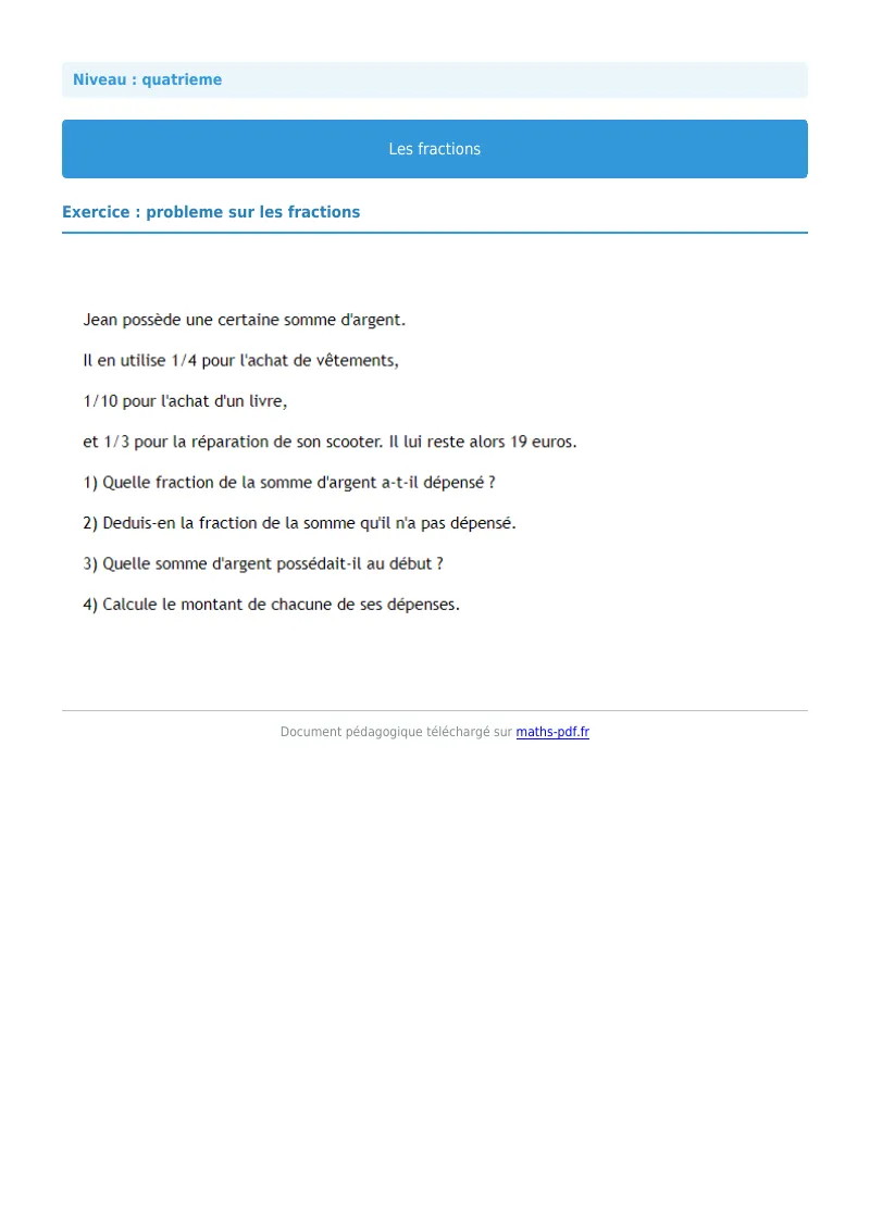 Fractions : exercice n°12 de maths en 4ème corrigé en PDF