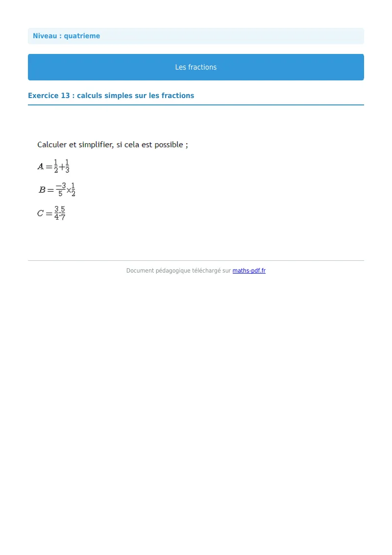 Fractions : exercice n°13 de maths en 4ème corrigé en PDF