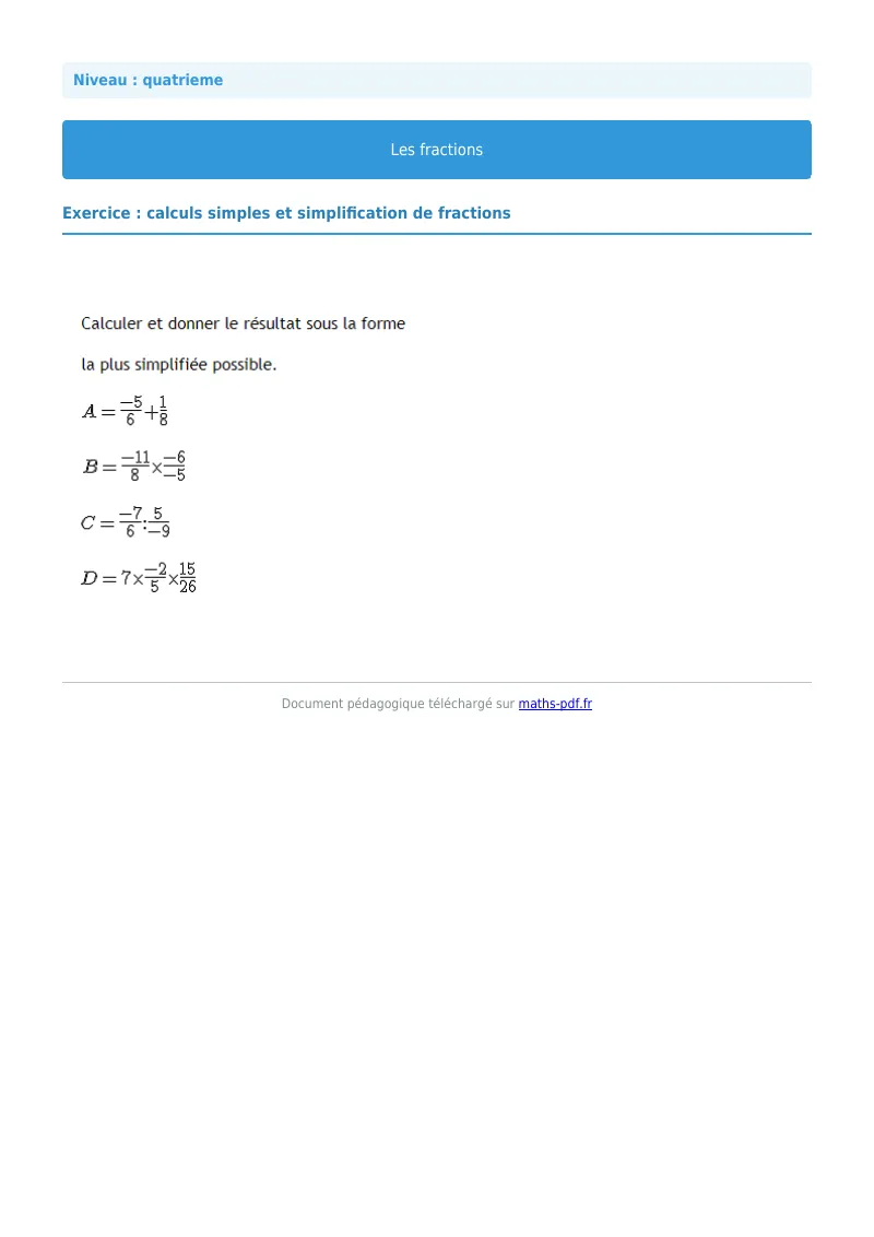 Fractions : exercice n°14 de maths en 4ème corrigé en PDF