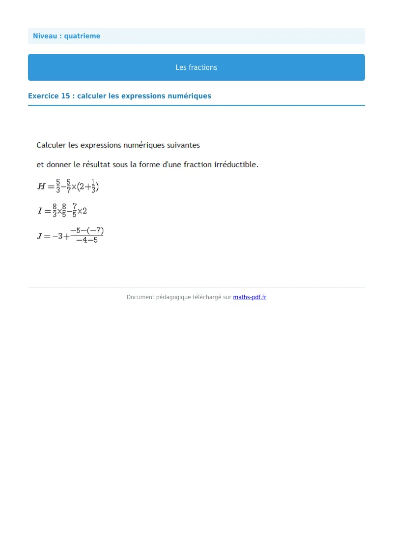Fractions : exercice n°15 de maths en 4ème corrigé en PDF