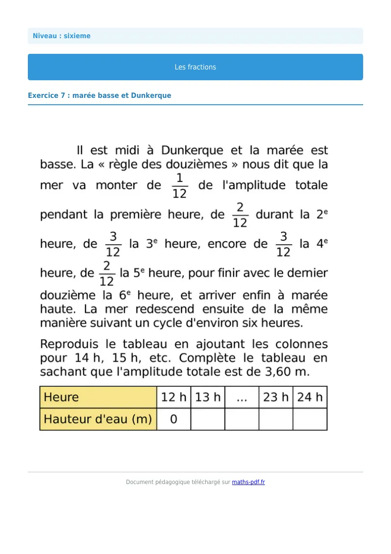 Fractions : exercice n°7 de maths en 6ème corrigé en PDF
