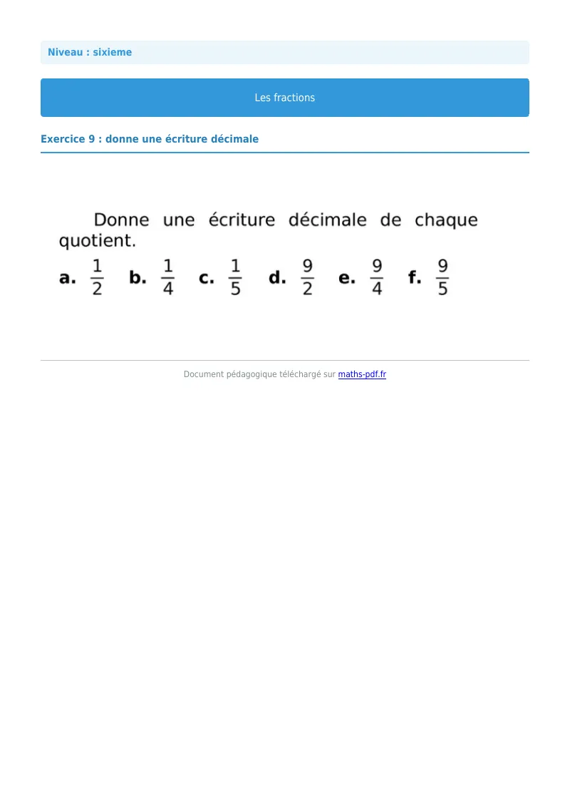 Fractions : exercice n°9 de maths en 6ème corrigé en PDF