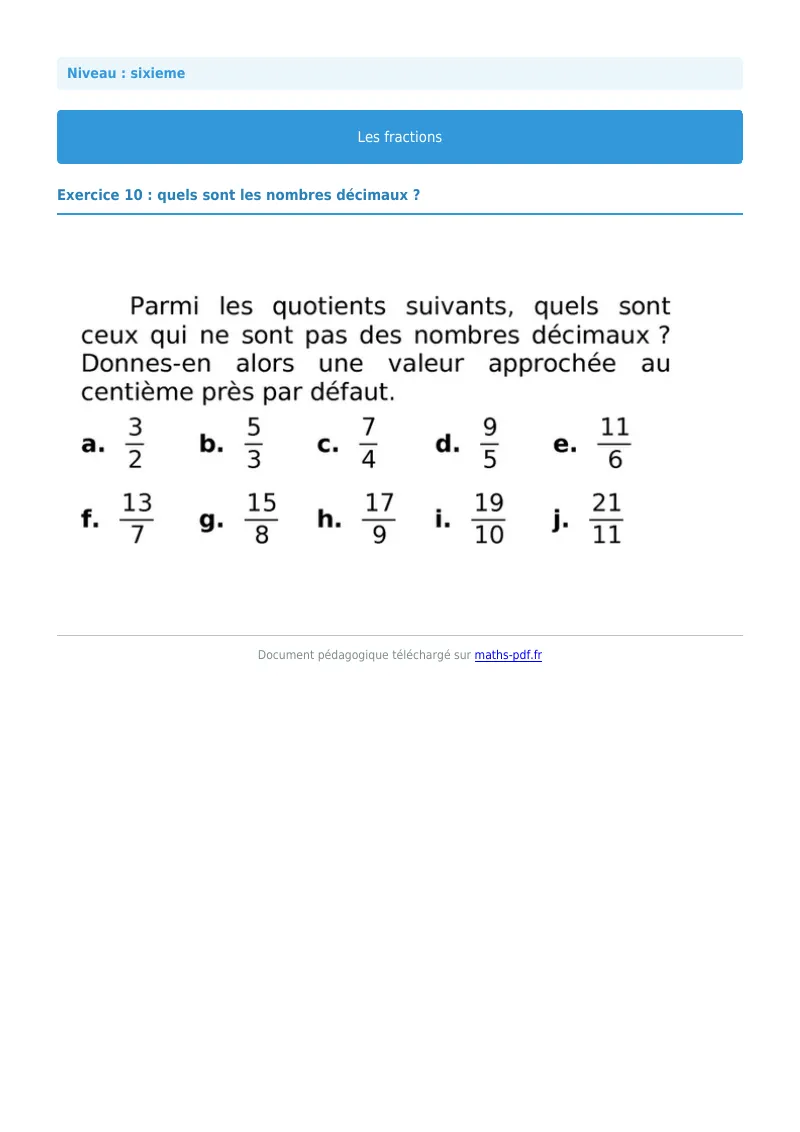 Fractions : exercice n°10 de maths en 6ème corrigé en PDF