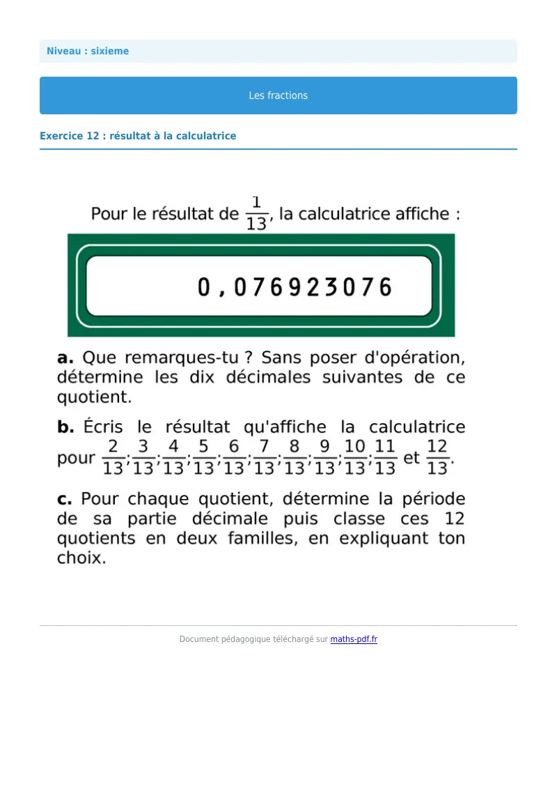 Fractions : exercice n°12 de maths en 6ème corrigé en PDF