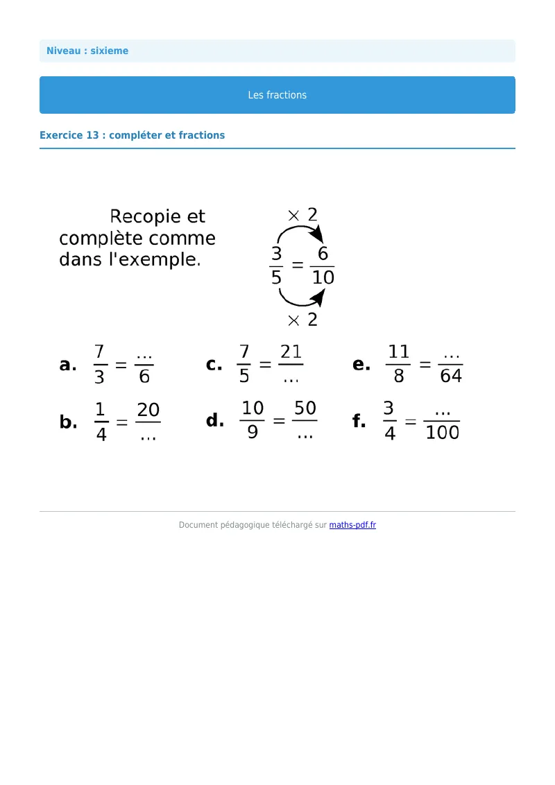 Fractions : exercice n°13 de maths en 6ème corrigé en PDF