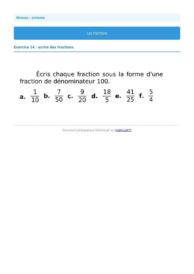 Fractions : exercice n°14 de maths en 6ème corrigé en PDF