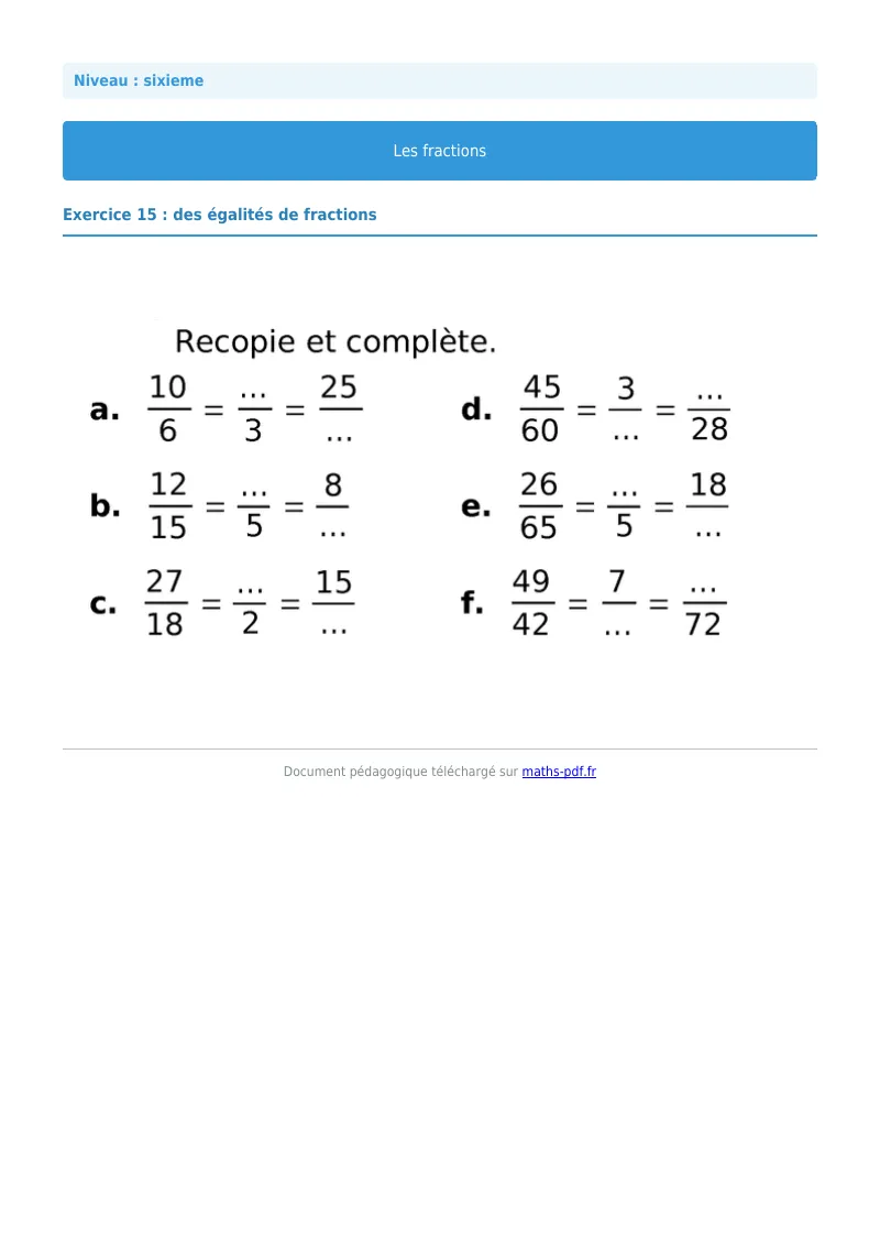 Fractions : exercice n°15 de maths en 6ème corrigé en PDF