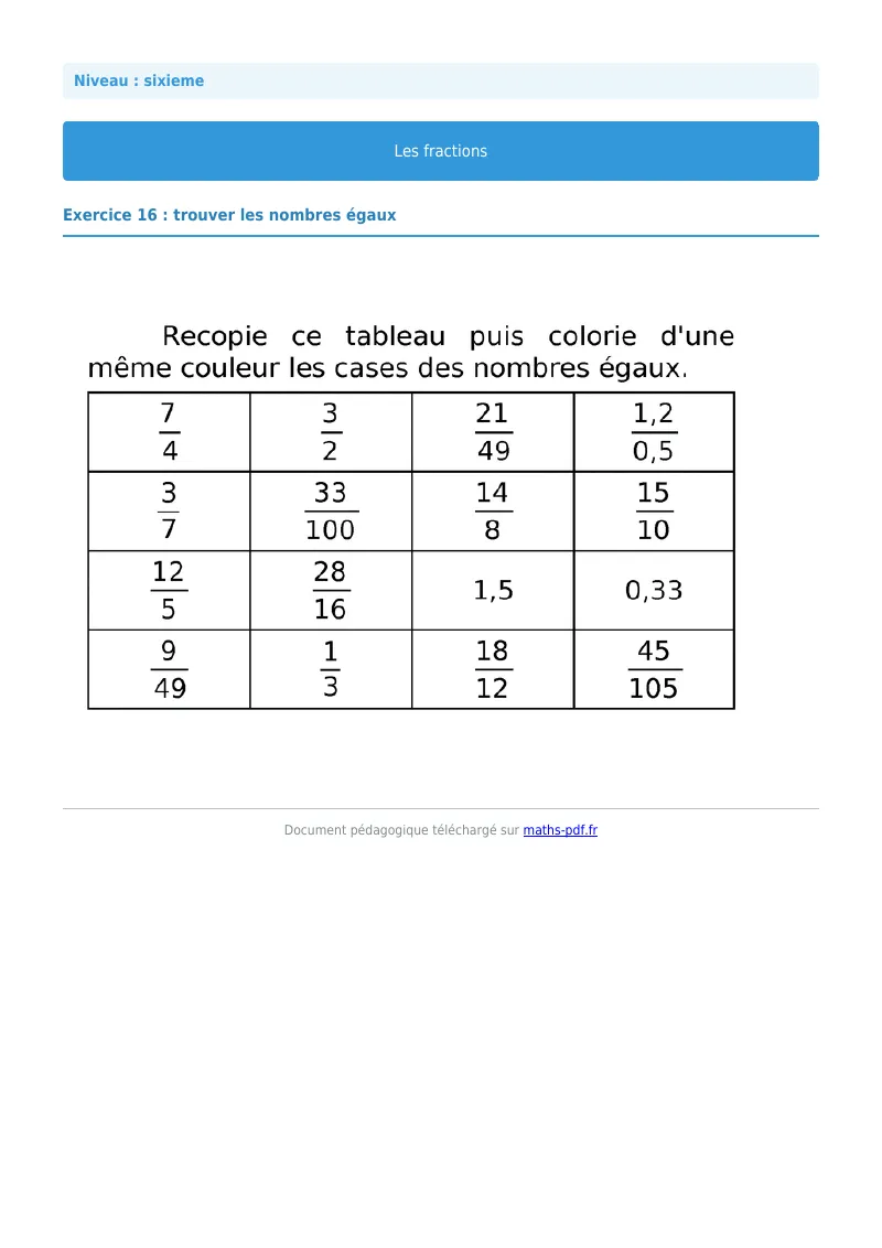 Fractions : exercice n°16 de maths en 6ème corrigé en PDF