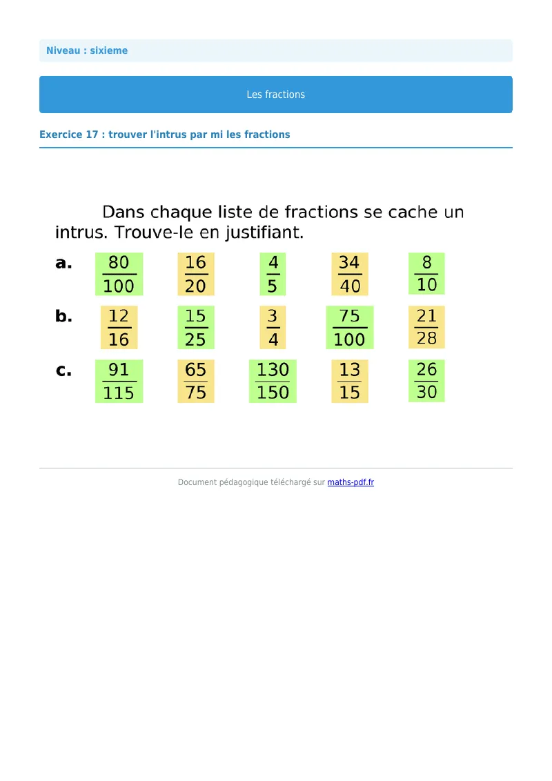 Fractions : exercice n°17 de maths en 6ème corrigé en PDF