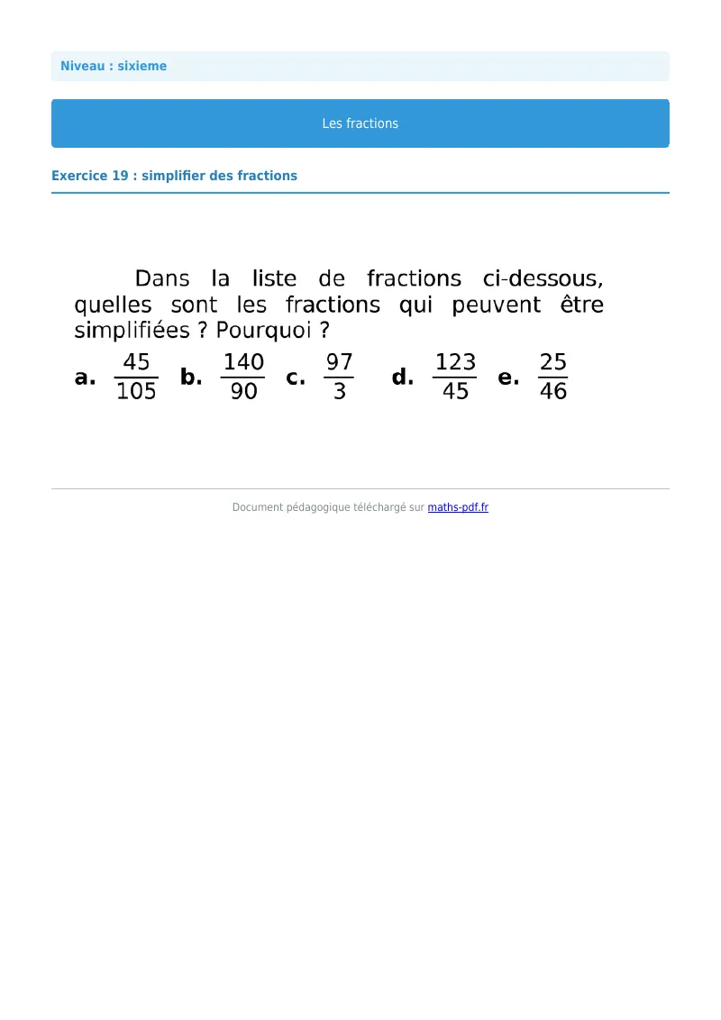 Fractions : exercice n°19 de maths en 6ème corrigé en PDF