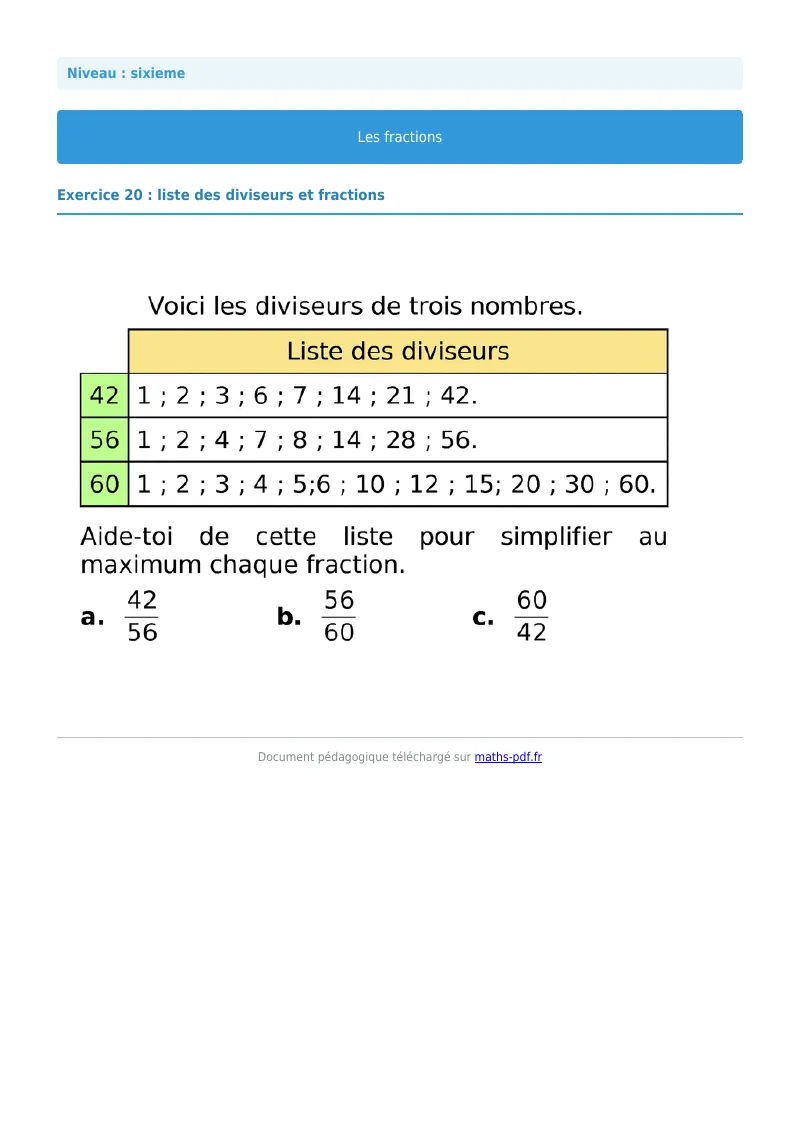 Fractions : exercice n°20 de maths en 6ème corrigé en PDF