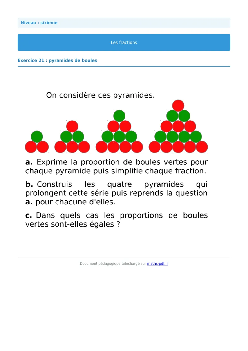 Fractions : exercice n°21 de maths en 6ème corrigé en PDF
