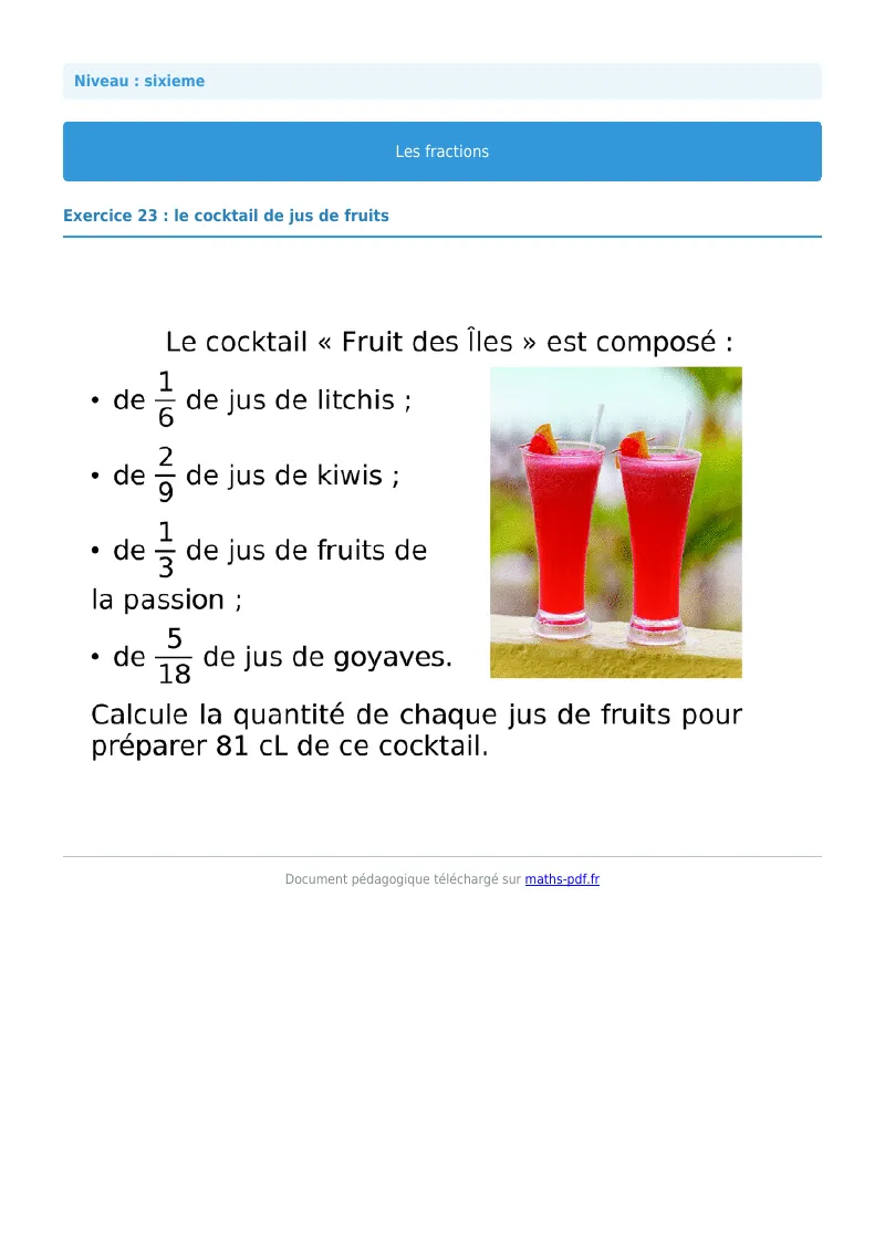 Fractions : exercice n°23 de maths en 6ème corrigé en PDF