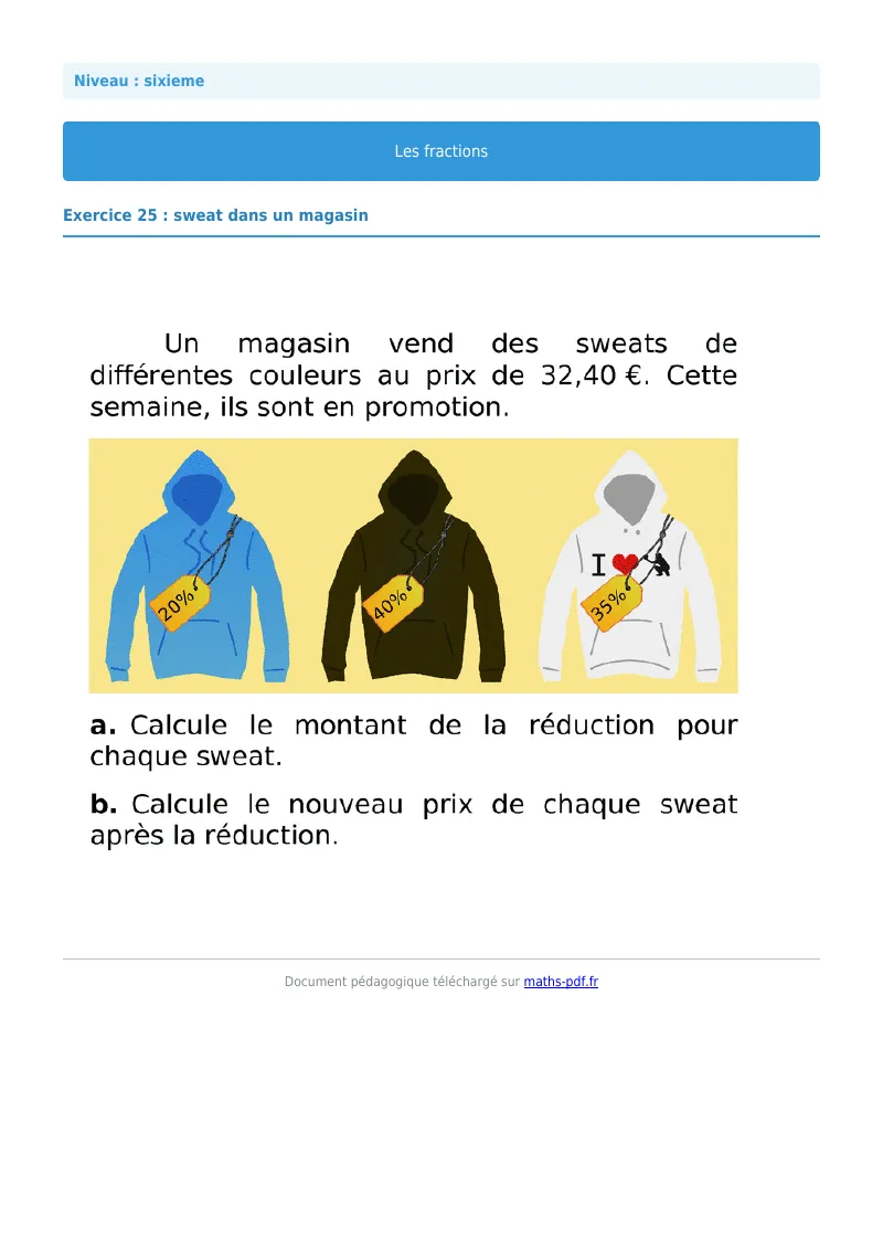 Fractions : exercice n°25 de maths en 6ème corrigé en PDF