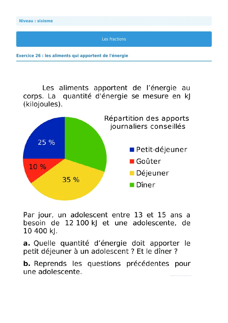Fractions : exercice n°26 de maths en 6ème corrigé en PDF
