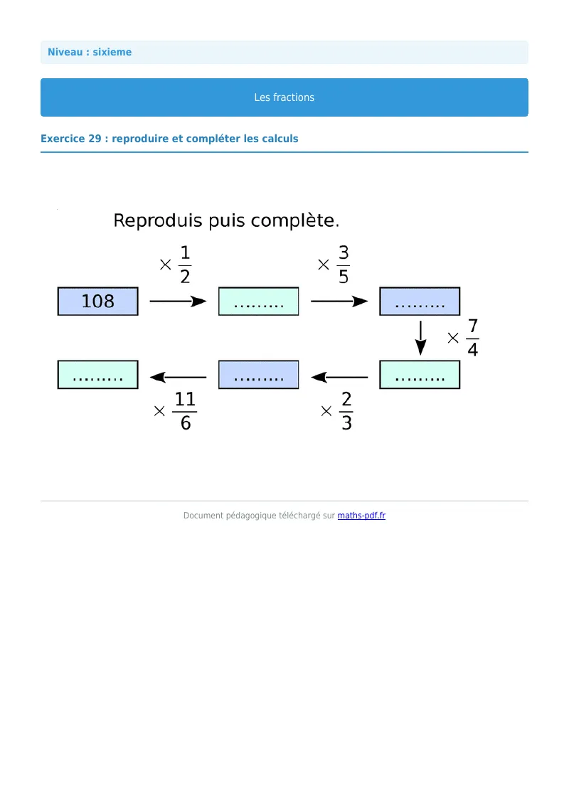 Fractions : exercice n°29 de maths en 6ème corrigé en PDF
