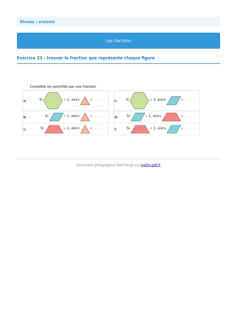 Fractions : exercice n°33 de maths en 6ème corrigé en PDF