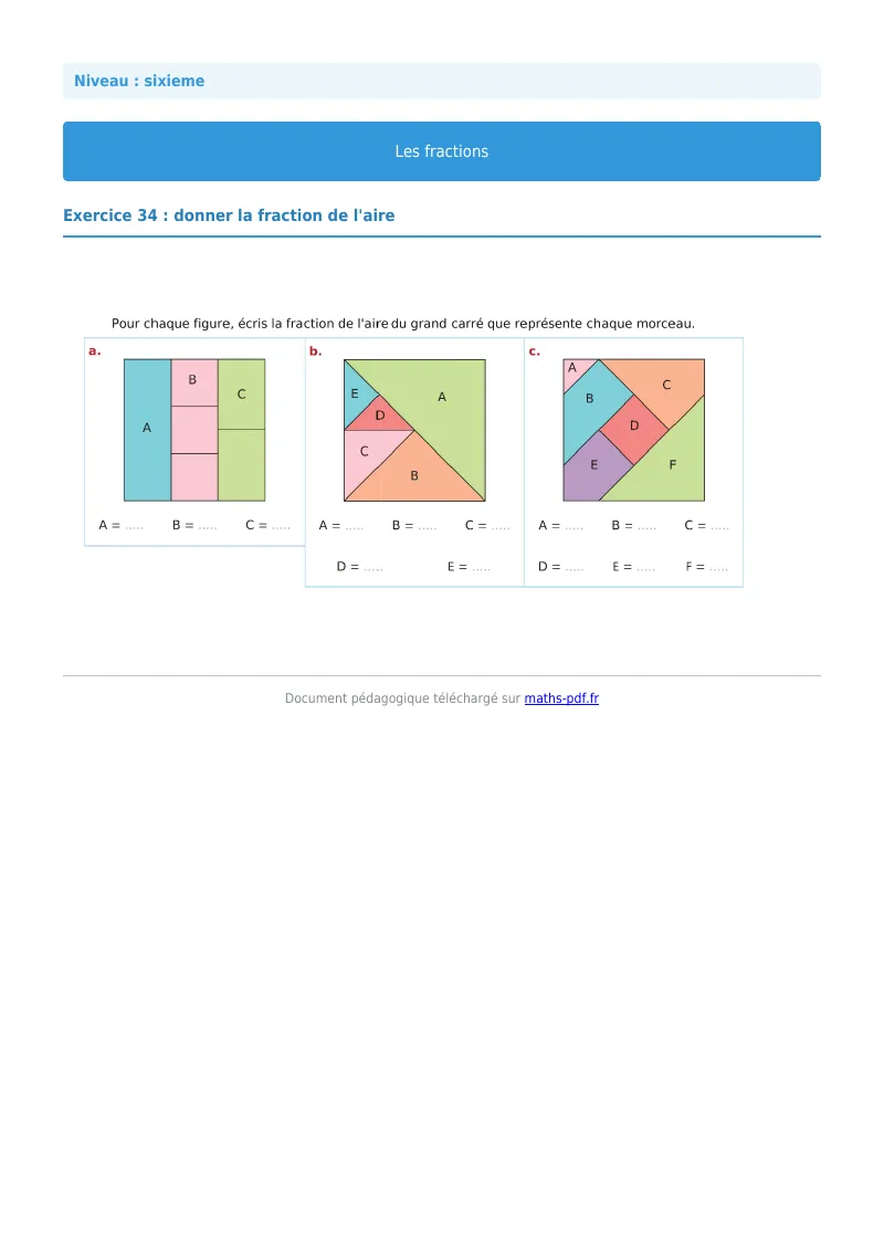 Fractions : exercice n°34 de maths en 6ème corrigé en PDF