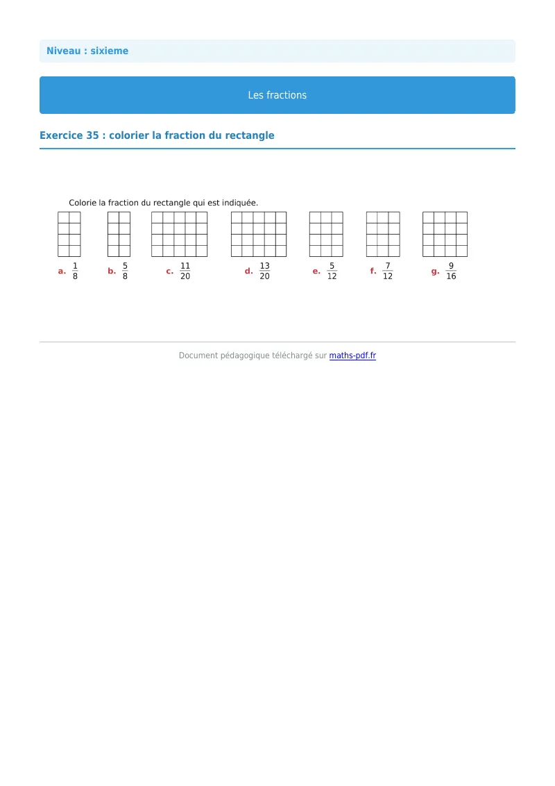 Fractions : exercice n°35 de maths en 6ème corrigé en PDF