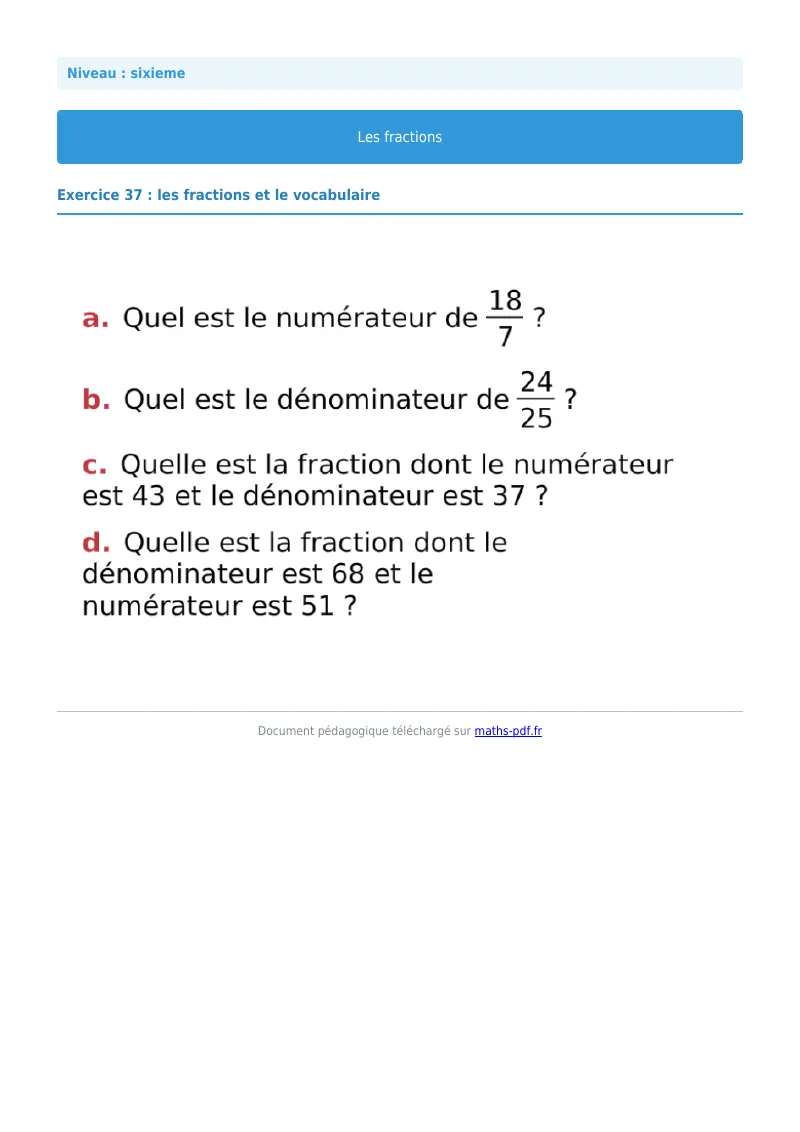 Fractions : exercice n°37 de maths en 6ème corrigé en PDF