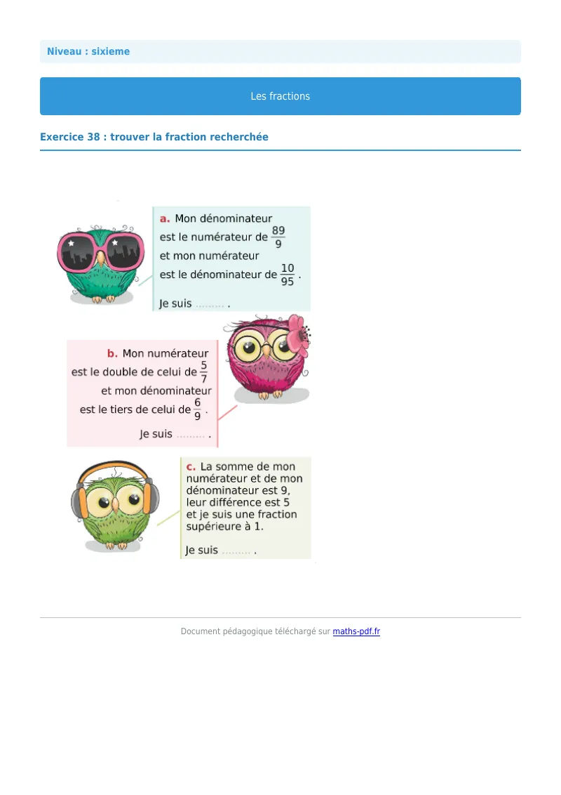 Fractions : exercice n°38 de maths en 6ème corrigé en PDF