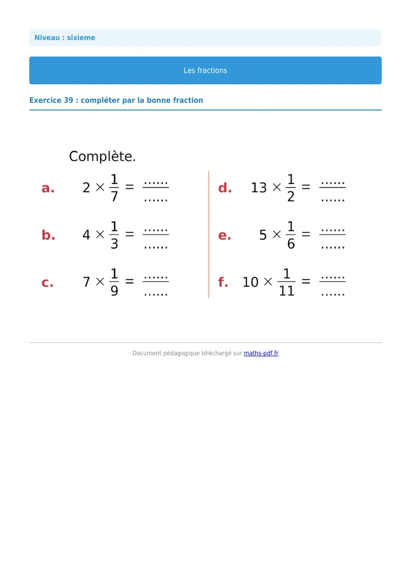 Fractions : exercice n°39 de maths en 6ème corrigé en PDF