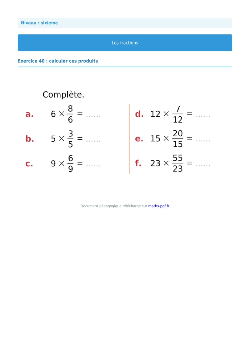 Fractions : exercice n°40 de maths en 6ème corrigé en PDF