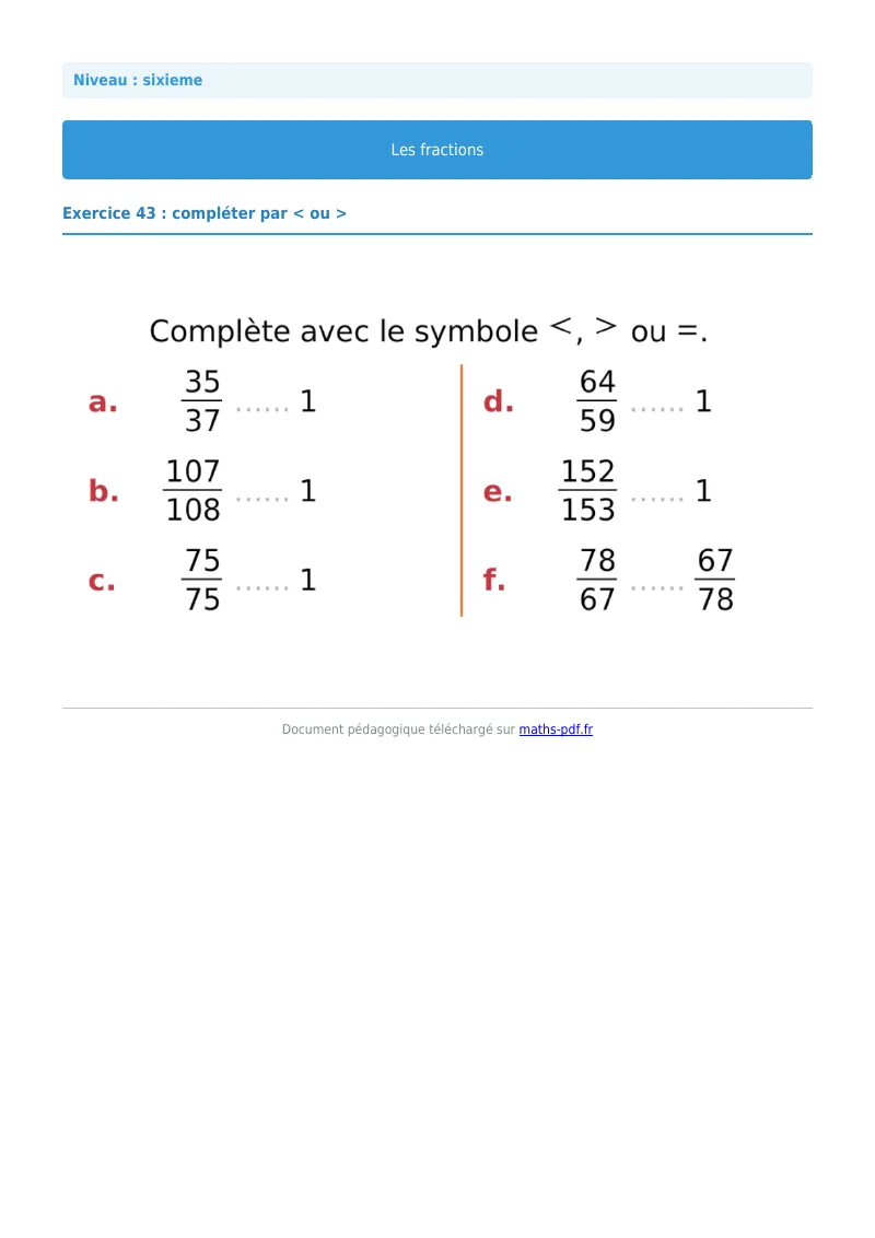 Fractions : exercice n°43 de maths en 6ème corrigé en PDF
