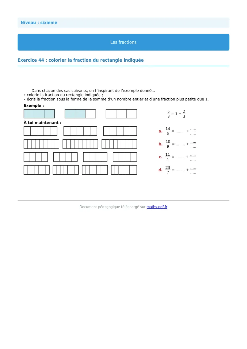 Fractions : exercice n°44 de maths en 6ème corrigé en PDF